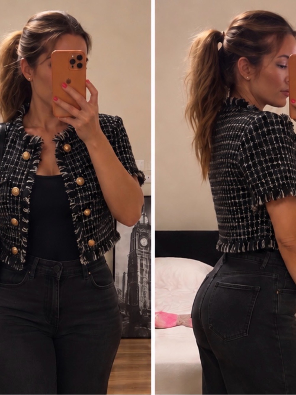 Fashion Nova Black & White Cropped Tweed Blazer with Gold Buttons